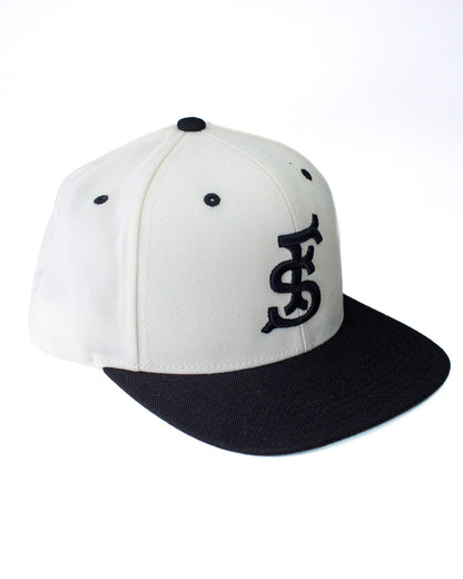 Fieldschool Sports Monogram Snapback Hat in Cream and Black